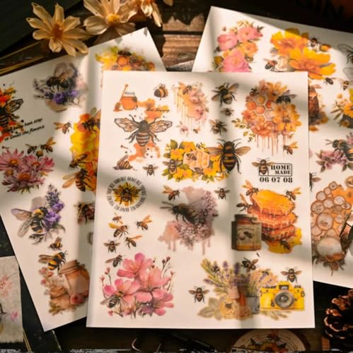 Vintage Honey Bee Rub-on Transfer Stickers Decals, 8.3 x 5.9 Inch, 3 Sheets Bee Design for Paper Crafts