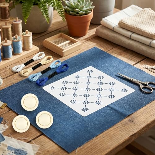 DOQXYAVM 45Pcs Sashiko Embroidery Kit for Beginners, Japanese Sashiko Stencil Kit with Geometric Templates, Fabric, Threads, Needles, Thimble, Complete Hand Quilting Stitching Sewing Supplies