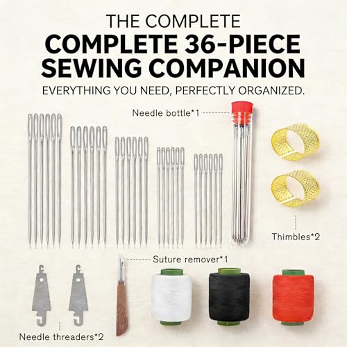 37 Pcs Stainless Steel Hand Sewing Needles Kit – Big Eye Easy-Threading Needles with Thread Ripper, Needle Threaders, Threads & Thimbles for DIY Craft