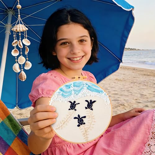 Embroidery Kit for Beginner Adults, Stamped Cross Stitch kits for Adults Beginners, Ocean Hand Embroidery Starter Needlepoint Kit, 2 Set Embroidery Supplies, 2 Hoops (Attached Teaching Video QR Code) - color: Beach, size: 8inch