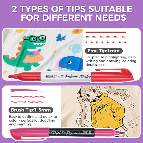 SELEAD 48 Fabric Markers Permanent for Clothes, Fine & Brush Tip Art Marker - size: 48 Count (Pack of 1)