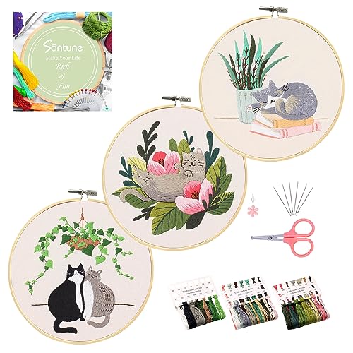 Santune 3 Pack Embroidery Kit for Beginners with Pattern, Cross Stitch Kits for Adults with Instructions,Needlepoint Kits for Adults Include 1 Embroidery Hoops,Color Threads and Needles(Cat) - color: Cat Series