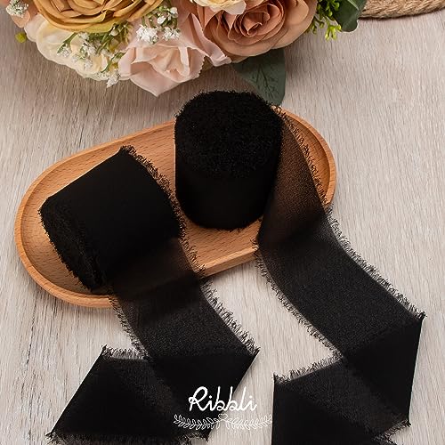 Ribbli Black Chiffon Ribbon 2 Inch x 20 Yard Handmade Fringe Chiffon Silk Ribbon Black Ribbon for Gifts Wrapping, Wedding Invitations, Bridal Bouquets, Flower Arrangement (Pack of 2) - color: Black, size: 2 inches (Pack of 2)