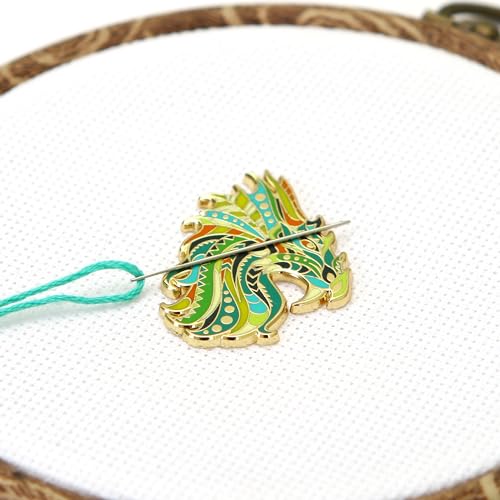 Needle Minder Set - Mandala Dragon Magnetic Needle Minder + 2 Needle Threaders + Crane Scissors. Enamel Pin for Cross Stitch, Embroidery and Craft - size: Dragon Set #2