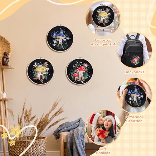 USEAMIE 3 Pack Embroidery Kit with Botanical and Floral Classic Prints, Embroidery Fabric, Needle and Thread, Adult Starter Needlepoint Embroidery Kits - color: Black pattern