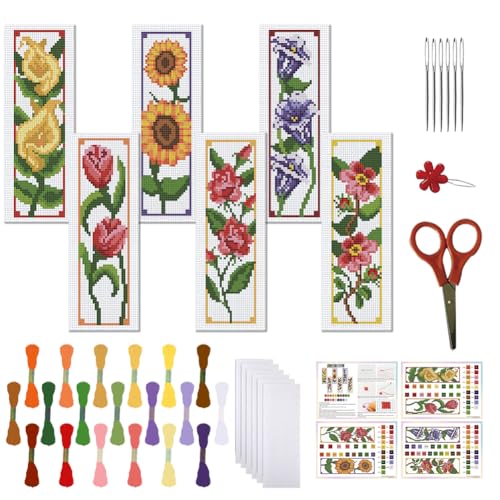 FREEBLOSS 6 Set Cross Stitch Bookmark Kits 11CT 8"x2.4" 6 Flowers Design - style: Common Flowers