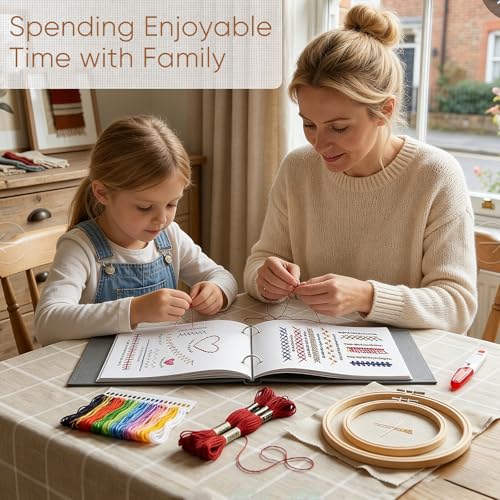 Homoyoyo Embroidery Stitch Book Kit for Adult Beginners, Learn 38 Stitches with 13 Large Loose Leaf Fabric Practice Pages, 2 Hoops, 24 Color Threads, Needles, Scissors and Instruction Manual