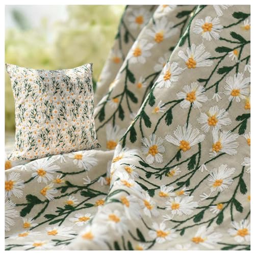 Primst 3D Daisy Embroidery Cotton Linen Fabric by The Yard for Sewing DIY Clothes Dress Tablecloth Bag Cushion (Beige,47.2" x 39.4") - size: 47.2" x 39.4"