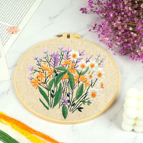 MAMUNU Embroidery Kit for Beginners Adults, Cross Stitch Kits, Stamped Cross Stitch Kits, Floral Flower Embroidery Kit with Printed Embroidery Cloth, Embroidery Hoop, Color Threads and Tools - color: Flower