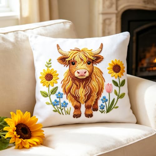 BEUNITONE 4pcs Embroidery Kit, Highland Cow & Sunflowers Stamped Embroidery Kits with Hoop, Thread & Needles, Colorful Cross Stitch Kits Sewing Gifts for Adults and Beginners, DIY Craft for Relaxation - style: A-Highland Cattle