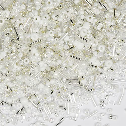 100g Mix Glass Tube Beads Bugle Beads,3800+pcs Glass Bulk Spacer Multi Size 2-6mm Kit for Jewelry Making DIY Craft Bracelets Necklace Earring Making (White Mixed) - color: White Mixed, size: 2-6mm