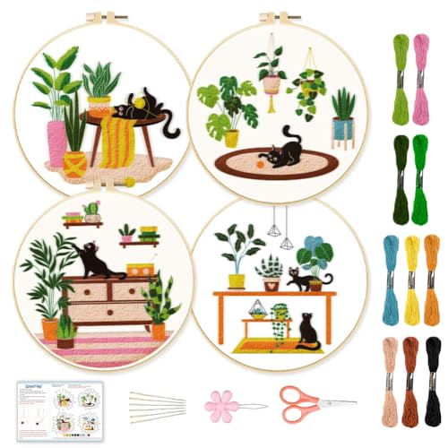 BEUNITONE Kitten Embroidery Kit for Beginenrs Hand Sewing Embroidery Kits with Cat Pattern DIY Embroidery Kit with Kitten Colourful Threads Needles Instructions - style: A-Cat-04