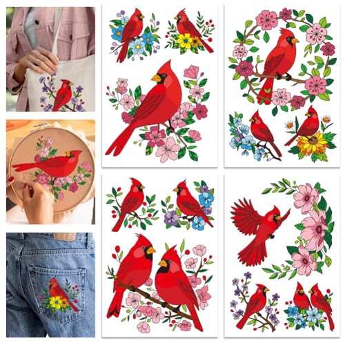 GLOBLELAND 4 Sheets Christmas Cardinal Water Soluble Embroidery Pattern - color: Christmas Cardinal