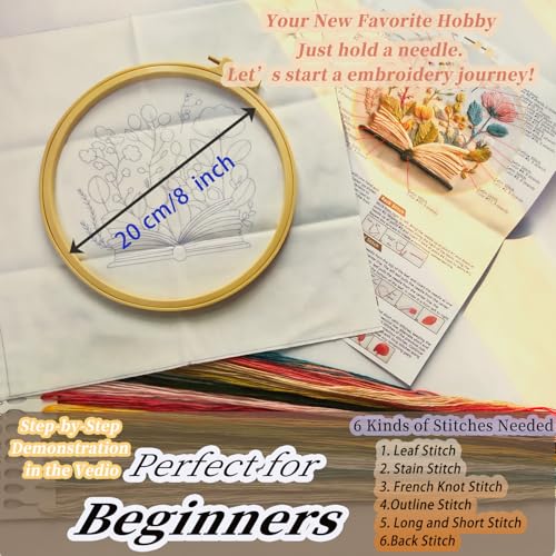 FONNUY Embroidery Kit for Beginners, Flower Book Pre-Stamped Pattern Kits for Adults with Hoop, Cross Stitch Easy to Follow Color Thread Needlework, 8'' Hoop (Green) - color: Green