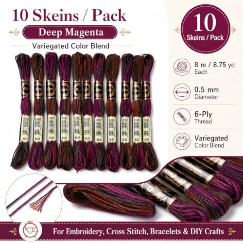 FASHEWELRY 10 Skeins Embroidery Floss Thread 0.5mm Dyed Cross Stitch Floss 6-Ply Friendship Bracelet String for Jewelry Making Bracelets Sewing Knitting Stitching Craft DIY (Deep Magenta) - color: Deep Magenta, size: 0.5mm
