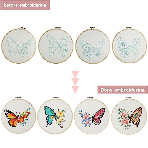 Bonroy 4 Sets Embroidery Kit for Beginners,Embroidery Art Craft Handy Sewing Include Clothes with Pattern,Embroidery Hoops, Instructions,Color Threads Needle (Butterfly) (CX-55) - color: Butterfly