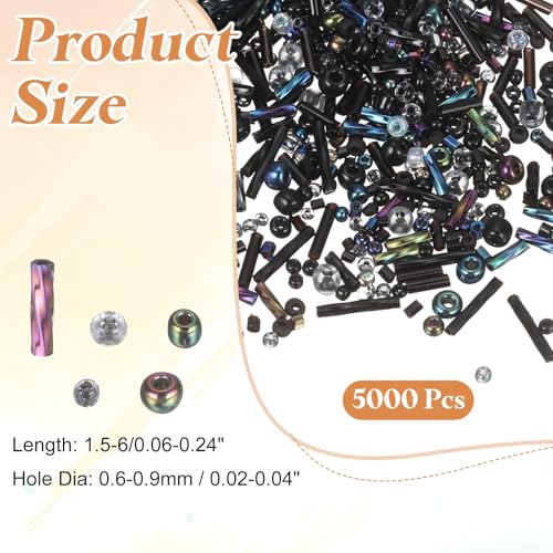MECCANIXITY 5000 Pcs Mixed Glass Seed Beads, 1.5-6mm Mini Loose Glass Bugle Spacer Bead Embroidery Beads for DIY Craft Projects Earrings Necklaces Bracelets Jewelry Making, Black - color: Black