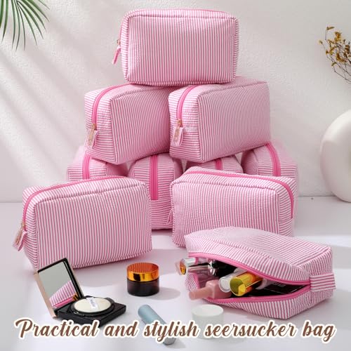 Sanwuta 10 Pcs Seersucker Cosmetic Bag Seersucker Makeup Bag Women Stripe Large Travel Toiletry Organizer Preppy Storage Pouch for Embroidery Wedding Bridesmaid Bride Mom (Pink) - color: Pink