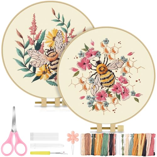 TINDTOP 2 Pack Embroidery Kit for Adult, Embroidery DIY Starter Kit, with Stamped Patterns, Hoop, Tools, Colorful Threads with Needles, Instructions (Bee) - color: Bee