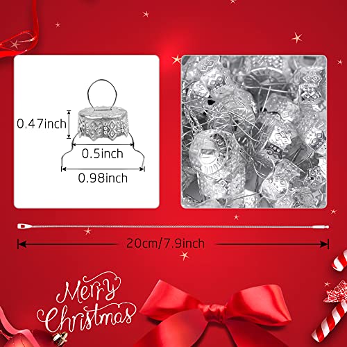 100 Pieces Round Christmas Ornament Caps and Ornament Hangers String Set - color: Silver
