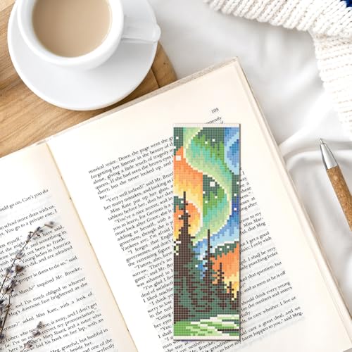 FREEBLOSS 6pcs Cross Stitch Bookmark Kit for Adult Beginners Stamped Night Landscape Cross Stitch Kits Embroidery Bookmarks Craft Kit with Instructions for Gift 11CT 8"x2.4" - style: Scenery