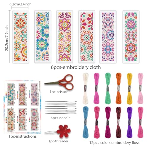 BEUNITONE 6 Pcs Mandala Cross Stitch Bookmark Kits for Beginners DIY Stamped Embroidery Bookmark Kit Colorful Floral Punch Needle Set with Instructions Craft Kit for Book Lover Gifts 8''x2.4'' - style: Small Mandala Pattern