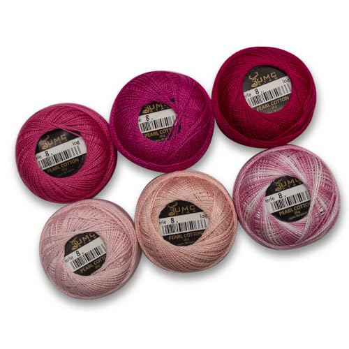 6 Balls Premium Pearl Cotton Embroidery Thread Size 8 | 100% Egyptian Cotton Crochet Yarn | Cross Stitch Embroidery Yarn | Oeko TEX Certified | 10 Grams per Ball (Pink Tones) - color: Pink Tones