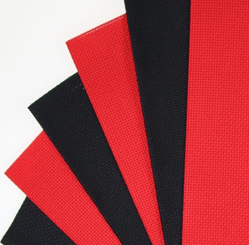 KCS 6 pc of 12" x 18"(30cmx45cm) 14CT Counted Cotton Aida Cloth Cross Stitch Fabric (Red+Black) - color: Red+black