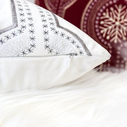 Embroidery White Velvet Throw Pillow Cover, Merry Christmas Series Snowflake Drop Luxury Soft Fuzzy Cozy Warm Slik Gift Square Couch Cushion Pillow Case 20 x 20 Inch, Cover Only - color: Snow Drop-white