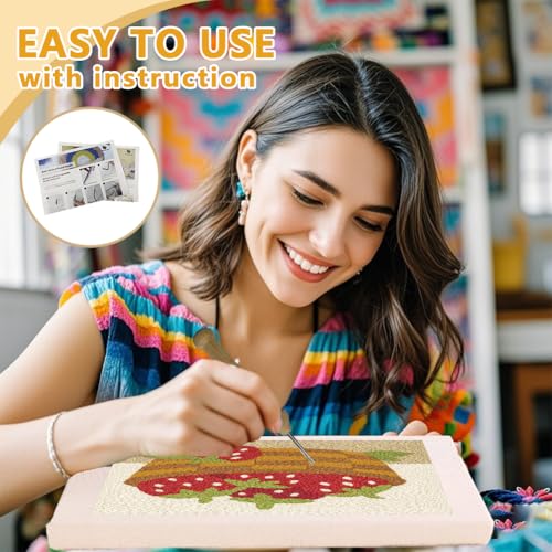 Doodlream Strawberries DIY Punch Needle Embroidery Kit for Adult Beginner, 9.4" A Basket of Strawberries Punch Stitching Craft Set for Starter with Frame, Fabric Pattern, Threader, Yarn, Pinch Needle - color: Strawberries