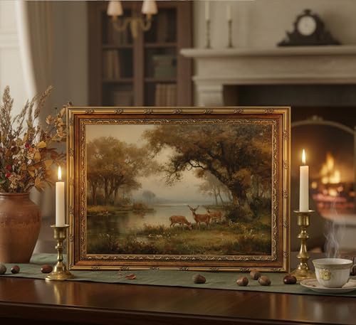 Gold Framed Vintage Forest Deer Canvas Wall Art Farmhouse Cottage Wild Animals Landscape Painting Picture Wall Decor Poster Prints Artwork for Bedroom Office Gallery Home Decoration - color: Wild animals, size: 11"L x 9"W