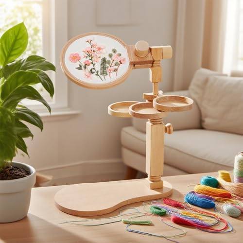 SUKUTU Adjustable Embroidery Hoop Stand Beech Wood Rotated Cross Stitch Stand with 3pcs Bowls Embroidery Frame Stand for Needlework Projects