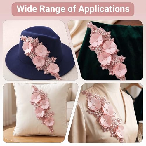 Handmade 3D Flower Embroidery Applique Rhinestone Lace Patches, Pink, 1 PC - color: Pink