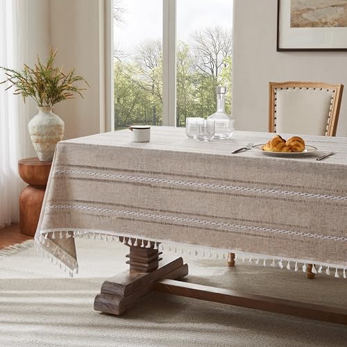 ZeeMart Hemstitched Striped Boho Table Cloth, 60x84 Inch Natural - color: Natural, size: 84" x 60" (Rectangular)