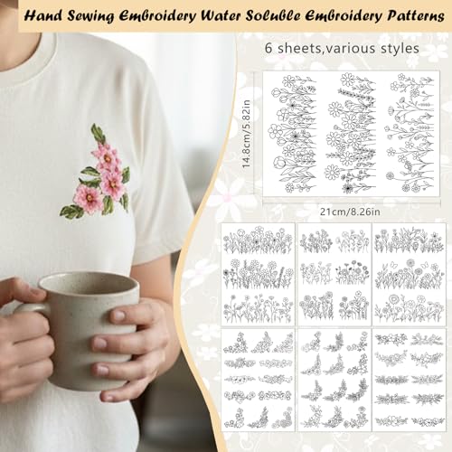 Flower Water Soluble Embroidery Patterns, 6 Sheets 48 Pcs Stick and Stitch Embroidery Papers, Wash Away Pre-Printed Floral Pattern Transfers Paper, Customized Gift for Hand Sewing Lover Beginners - size: Floral