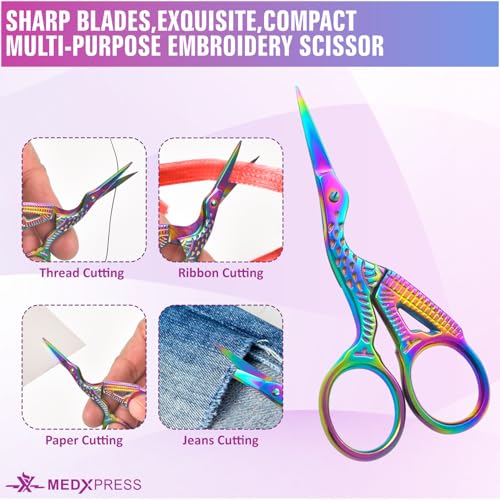 Rainbow Stork Scissors 3.6 inch Extra Sharp Tip Small Embroidery Scissors for Premium Stainless Steel Crane Design Sewing scissors for Stitch Cutting Art & Craft Bird scissors.