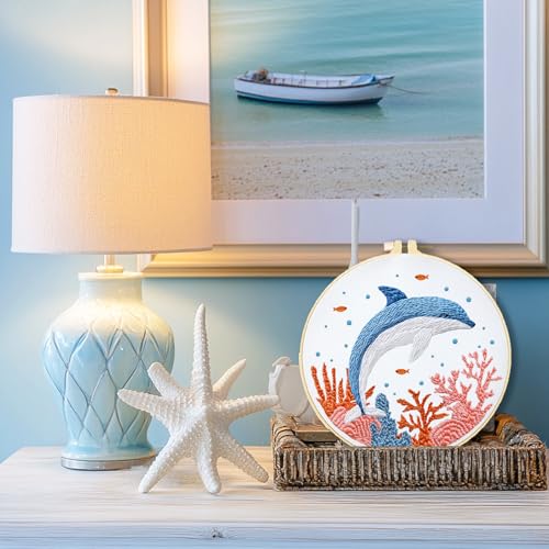 INFUNLY 4 Sets Whale Embroidery Kits for Beginners DIY Cross Stitch Starter Kits with Turtles Seahorses Patterns Fish Sea Animals Embroidery Kits with Instructions Embroidery Cloth Hoops Threads Tools - style: Marine animals