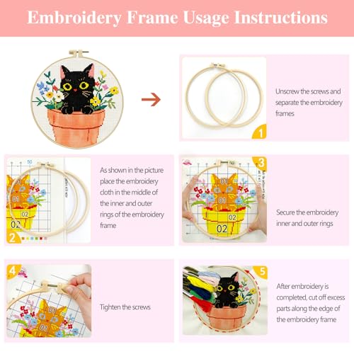 Zhenqing 3-Piece Black Cat Cross Stitch Kit for Beginners - Complete Set with Pre-Printed 11CT 24x24cm Fabric, Hoop, Threads & Tools (3 Adorable Cat Designs)(70403) - color: 70403