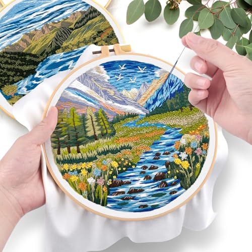 ERKOON 5 Sets Embroidery Kit for Beginners Adult Landscapes Cross Stitch - color: Landscapes
