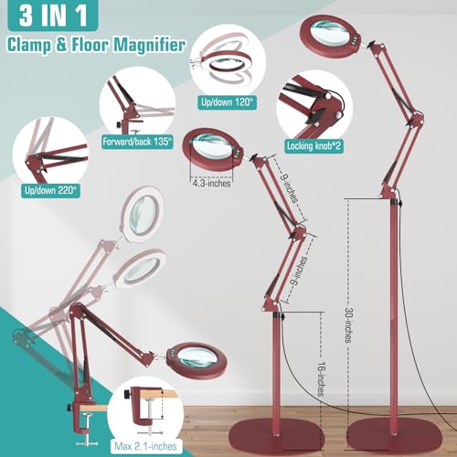 12X Magnifying Glass with Light and Stand, Real Glass Lens (Not Acrylic), 5 Color Modes, Stepless Dimmable, LED 3-in-1 Floor Lamp, Swing Arm with Clamp, Lighted Magnifier Hands Free for Crafts - Red - color: Red