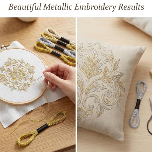 12 Skeins Metallic Embroidery Floss, Gold Silver Embroidery Thread, Multi-Purpose Cross Stitch Metallic Thread for Hand Crafts String Art Supplies (8m 12 Strands)