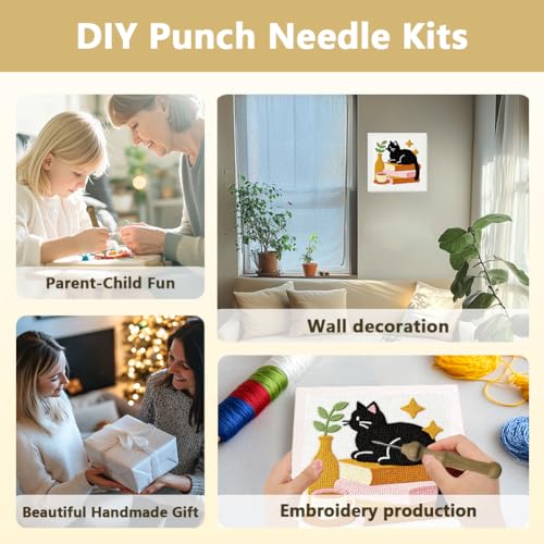 Doodlream Cat on Books Needle Kit for Beginner, 9.4"x 9.4" Coffee and Plant Punch Stitching Craft Set, Color DIY Embroidery Starter with Printed Frame, Instruction, Threader, Yarn, Pinch Needle - color: Cat