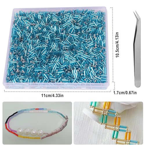 4000pcs Sky Blue Bugle Beads Bulk -Embroidery Beads,Long Tube Bead for Jewelry Making, Bracelet Necklaces Supplies,Craft DIY(7x2mm) - color: Sky blue