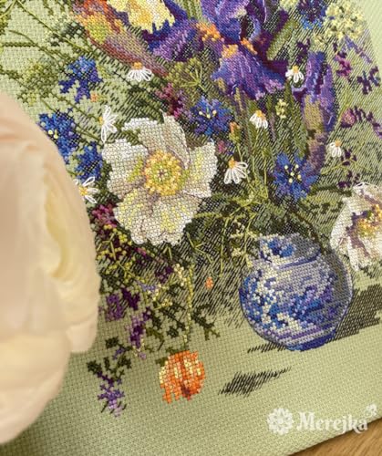 Merejka Irises and Wildflowers Counted Cross Stitch Kit K-249, Floral Still Life on Green Zweigart Aida 14, 38 DMC Mouliné Colors, John James Needle, Finished 9.8 x 13.8 in (25 x 35 cm)