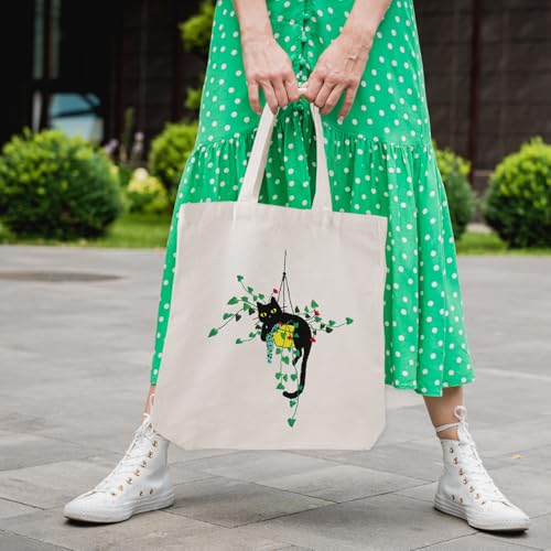Louise Maelys Plant Cat Embroidery Kit Canvas Tote Bag for Beginners - color: plant cat