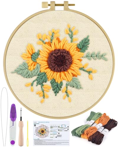 ERKOON Punch Needle Kit Beginners Adults, DIY Easy Flower Embroidery Set for Starter Art Craft, Needling Punching Project with Patterns, Tools, Yarns, Hoop, Instruction (Yellow Flowers) - color: Sunflower-1