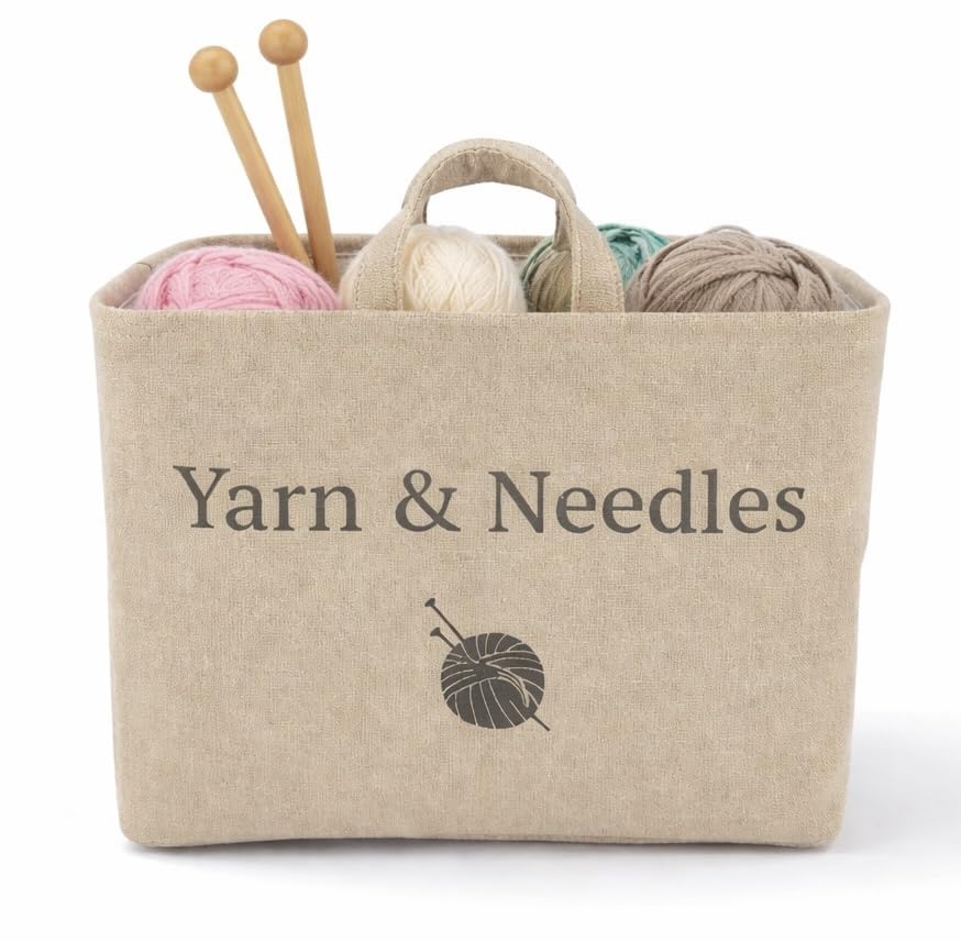 Yarn and Needles Large Tote basket for all your sewing and knitting storage needs. Keep all of your yarn and needles in one stylish tote basket with handles for easy lifting.