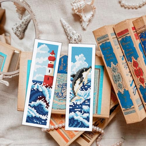 ORIGACH 6 Set Ocean Wave & Nautical Cross Stitch Bookmark Kit for Beginner - style: Ocean Wave