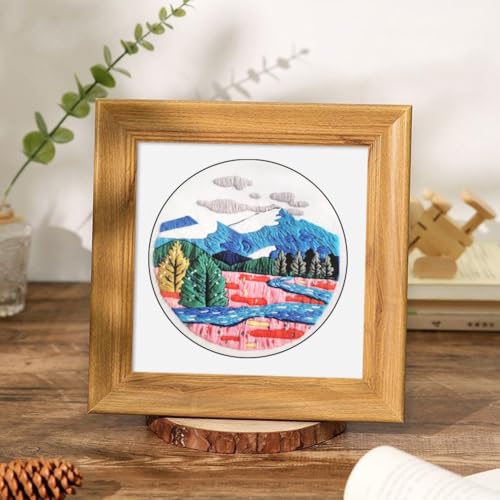 Esffaci Embroidery Starter Kit for Adult Beginner with Mountain Landscape Tree Flower Scenery Pattern Hand Embroidery Set with Embroidery Cloth Floss Hoop Needle Threader and Instruction - color: Scenery