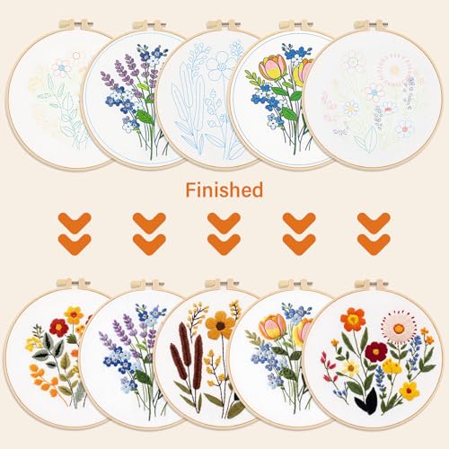FooGuila Embroidery Kits for Adults, 5-pcs Ebroidery Kit Flowers, Stamped Cross Stitch Kits Floral Embroidery Patterns, Cross Stitch Kits for Adult,Ideal Screen-Free Crafts Gift for Women